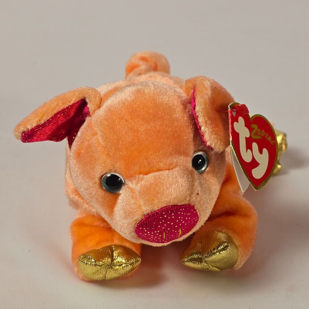 Vintage TY Zodiac Pig Plush | 7” Stuffed Animal | Peach & Fuchsia | 2000 Collect